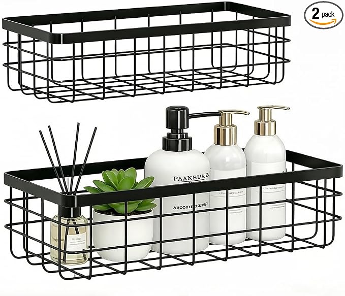 2PCS Adhesive Metal Wire Wall Storage Organizer Hanging Baskets Black M+L | by Unknown