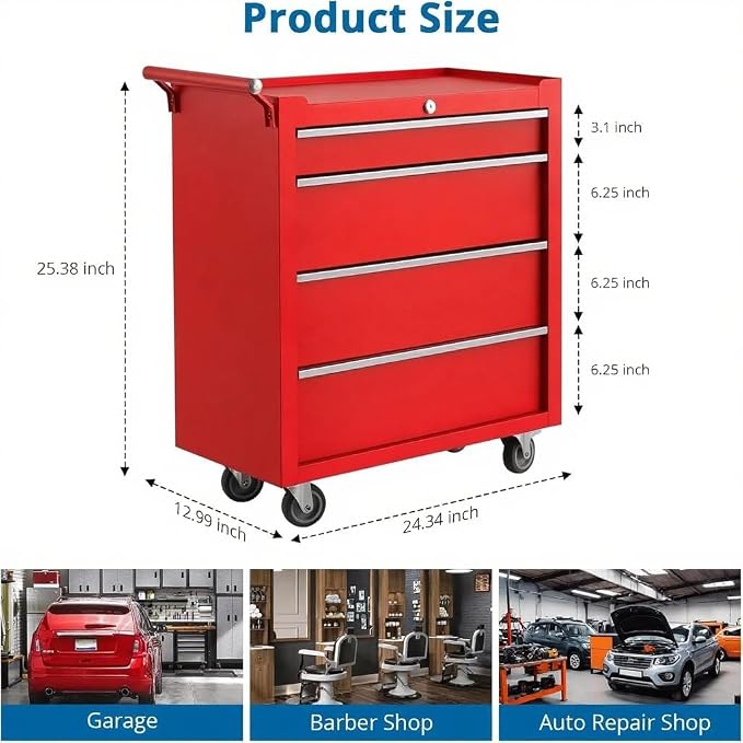 IDEALHOUSE Rolling Tool Chest, 4 Drawers Tool Storage Cabinet, Toolbox - Image 3