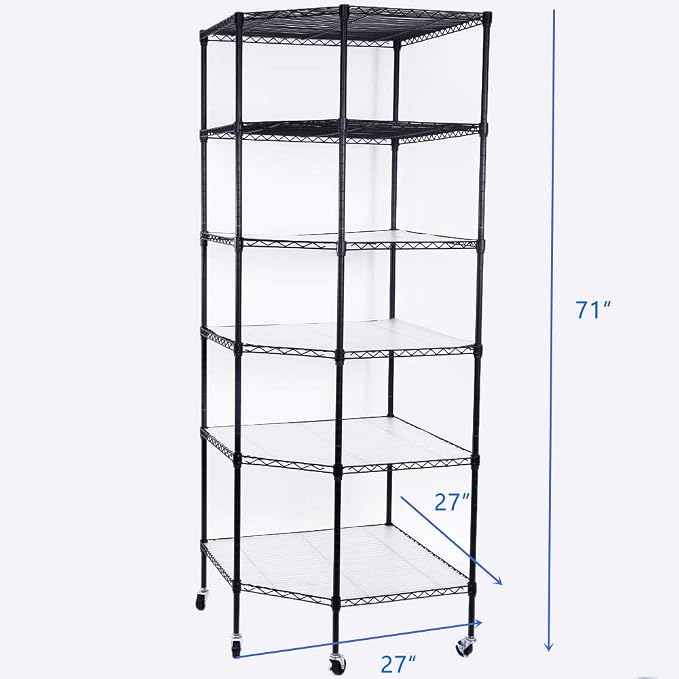 6 Tiers Polygonal Corner Shelf, Metal Storage Standing Rack w/Wheels, Wire - Image 2