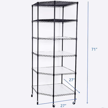 6 Tiers Polygonal Corner Shelf, Metal Storage Standing Rack w/Wheels, Wire - Image 2