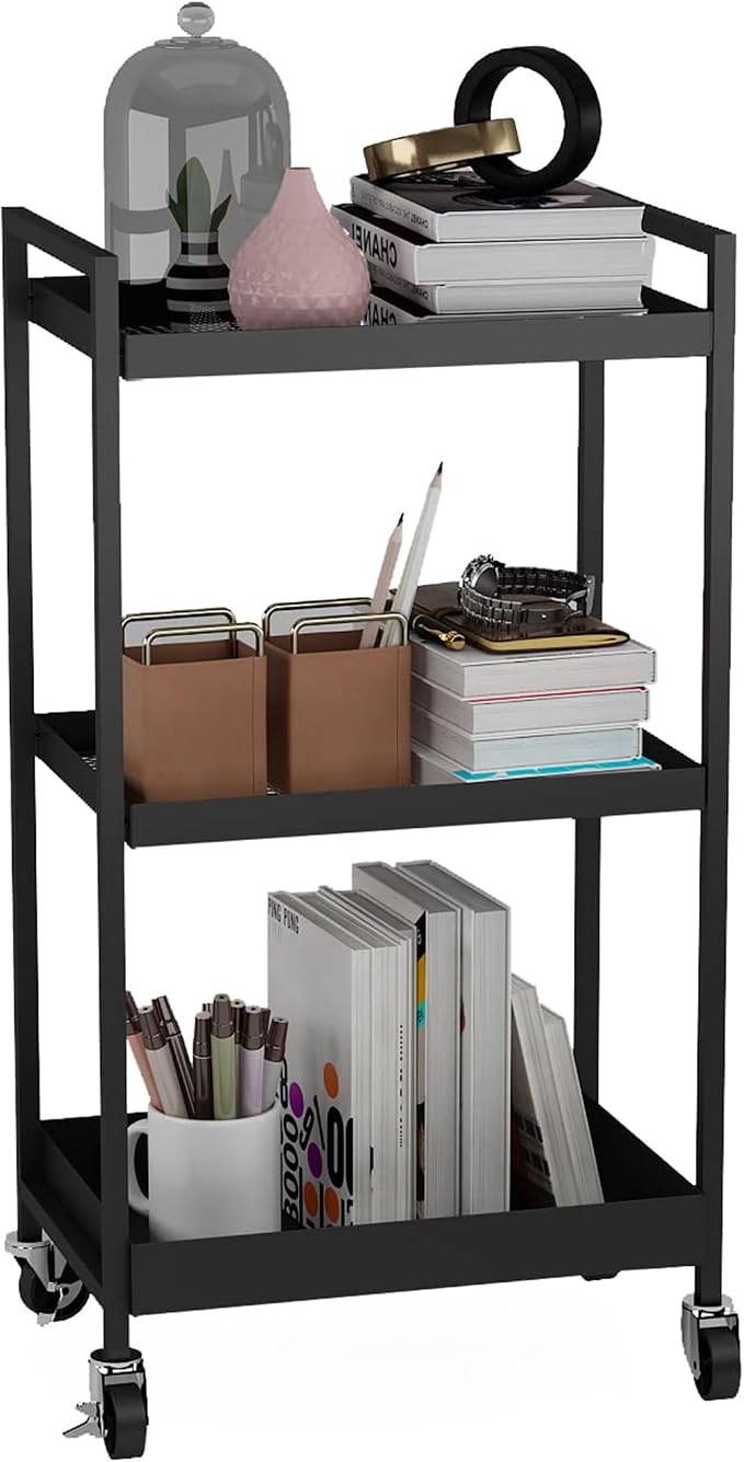 3-Tier Metal Utility Rolling Cart, Heavy Duty Multifunction Rectangular Cart by Elitehouse
