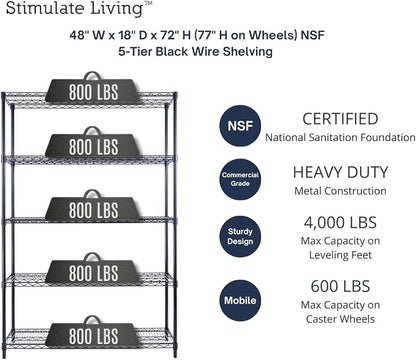 48"x18"x72" PRIME HEAVY DUTY Black 5-Tier Wire Shelving NSF 4000 LBS MAX - Image 3