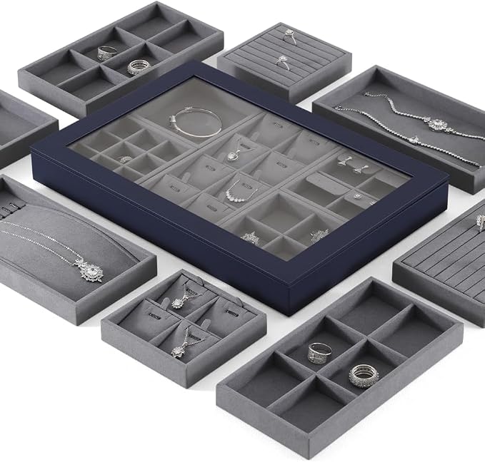 Dark Blue Jewelry Display Tray Ring Necklace Earring Bangle Organizer - Image 4