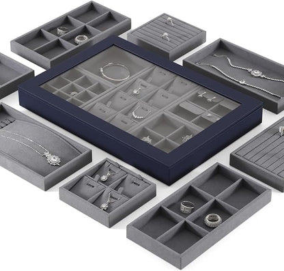 Dark Blue Jewelry Display Tray Ring Necklace Earring Bangle Organizer - Image 4