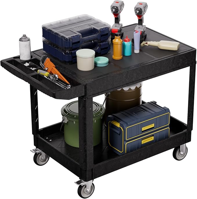 2 Tier Plastic Rolling Utility Cart on Wheels, Heavy Duty Tool Cart by Bettertoolsforbetterlife