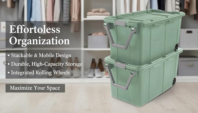 40 Gallon Light Green Rolling Industrial Storage Bins 2-Pack, Heavy-Duty Plastic - Image 3