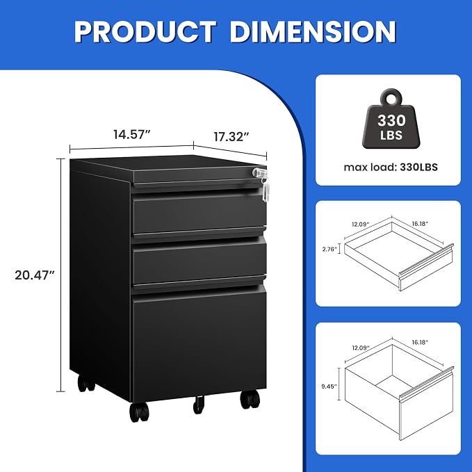 MIIIKO File Cabinet 3 Drawers on Wheels Under Desk, Un-Assembled Filing Cabinet - Image 3