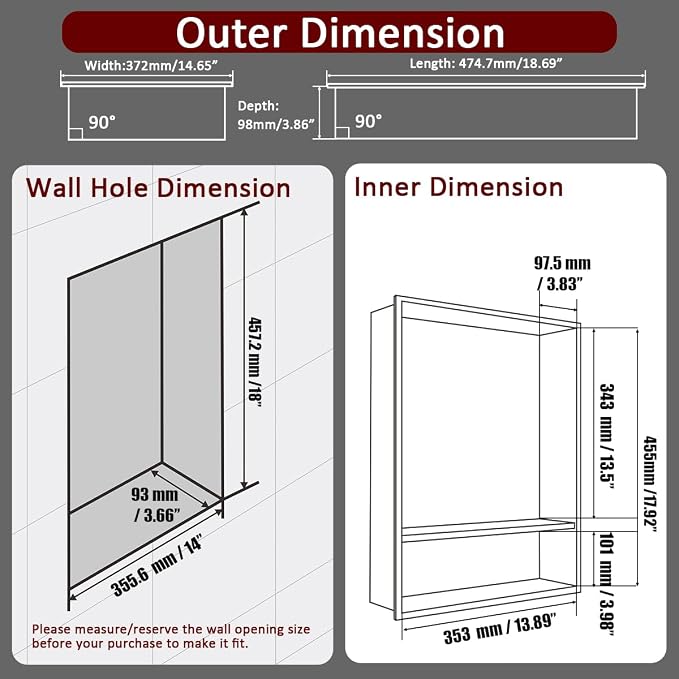 JQK Shower Niche No Tile Need, 304 Stainless Steel Recessed Shower Caddy - Image 2