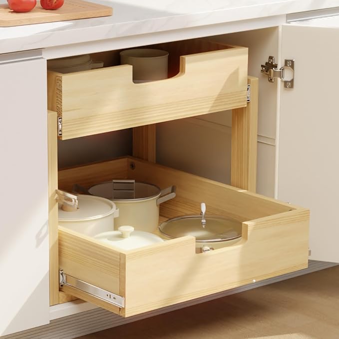 Pull Out Cabinet Organizer, 2 Tier Soft Close Slide Out Wooden Pull out Drawers - Image 2