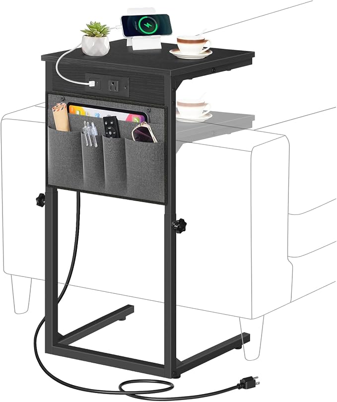 HOOBRO C Shaped End Table with Charging Station, 30” Adjustable Height Sofa by HOOBRO