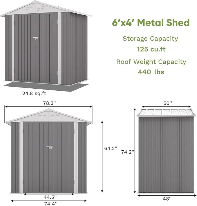 Patiowell 6x4 FT Storage Shed, Outdoor Metal Sheds - Image 2