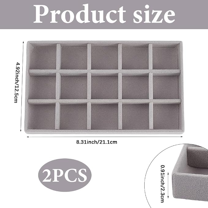 2Pcs 5 x 8.3 Inch Jewelry Drawer Inserts Velvet Jewelry Tray Gray 15 Grids - Image 2