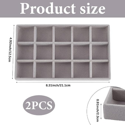 2Pcs 5 x 8.3 Inch Jewelry Drawer Inserts Velvet Jewelry Tray Gray 15 Grids - Image 2