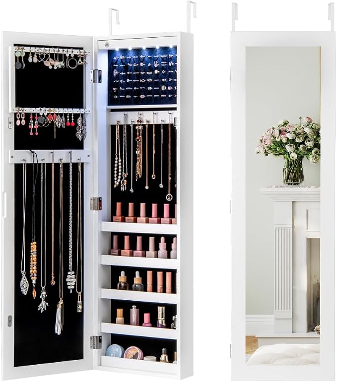 5 LEDs Mirrored Jewelry Cabinet Wall Mounted or Door Hanging, 42” Jewelry Box by IFANNY