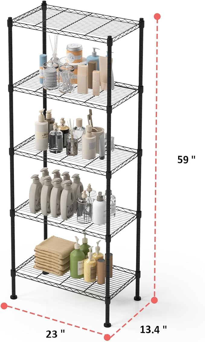 5 Tier Shelving Unit, 176 LBS Per Shelf Height Adjustable Narrow Storage Shelves - Image 3