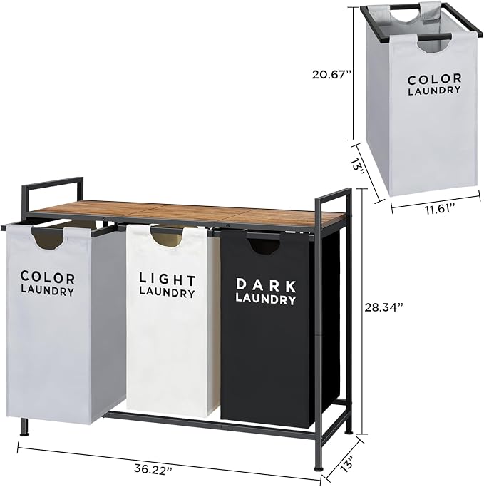Ollieroo Laundry Hamper, Rolling Laundry Sorter 3 Section, Large Capacity - Image 7