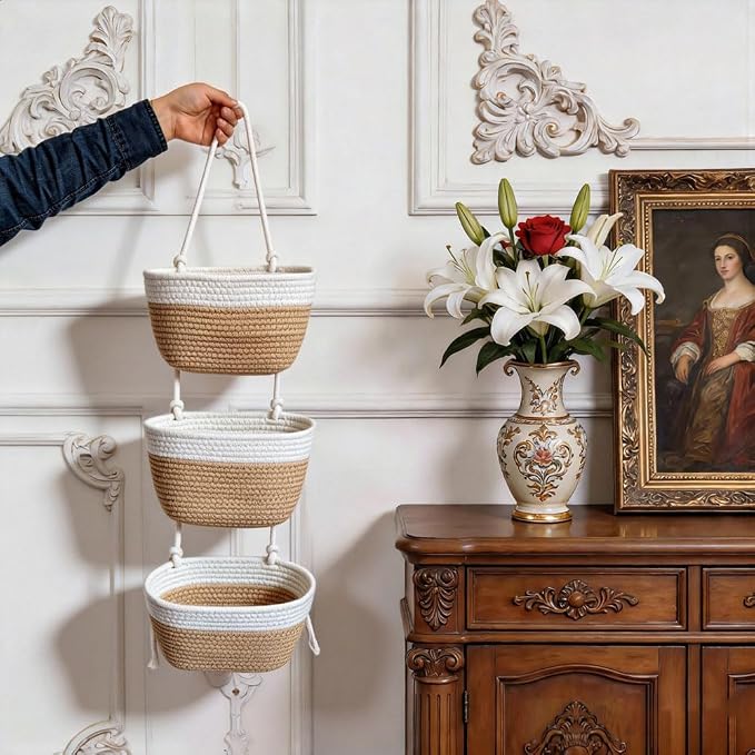 3-Tier Decorative Cotton Rope Hanging Basket, Wall-Mounted Woven Storage - Image 5