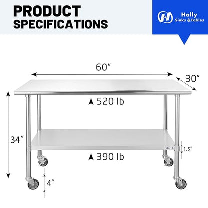 Hally Stainless Steel Table for Prep & Work 30 x 60 Inches - Image 2
