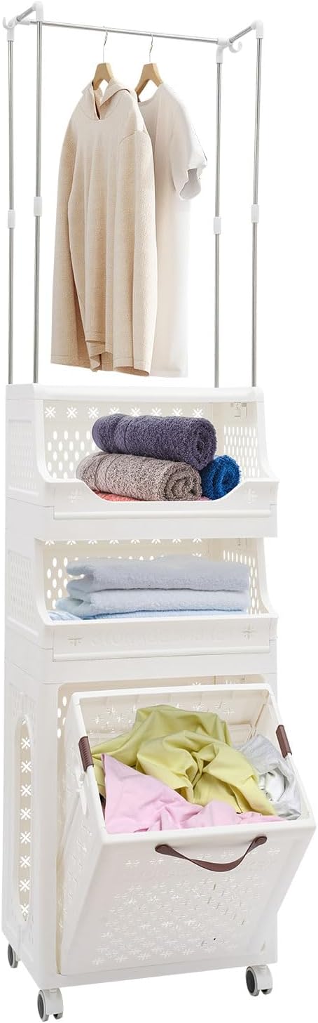 Rolling Laundry Hamper with Hanging Rod, 3-Tier Laundry Hamper Cart with 6 Hooks by Unknown