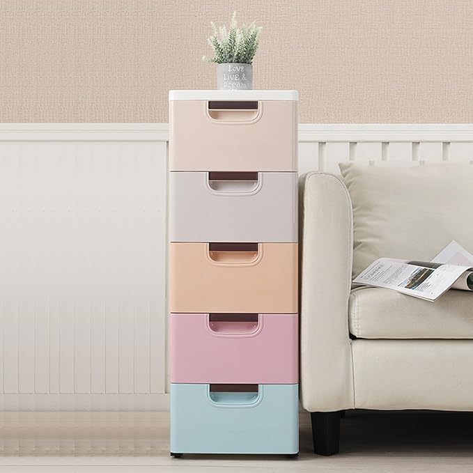 5 Drawer Stackable Storage Tower, Plastic Drawers Dresser, Narrow Rolling - Image 6