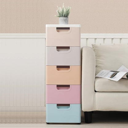 5 Drawer Stackable Storage Tower, Plastic Drawers Dresser, Narrow Rolling - Image 6
