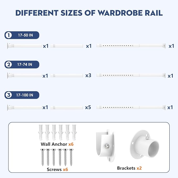 Heavy Duty Closet Rod, Adjustable 17-74 in, 1.3" Diameter | White, Suitable - Image 4