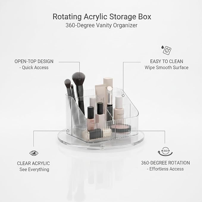 360° Rotating Acrylic Makeup Organizer, Compact Countertop Caddy - Image 4