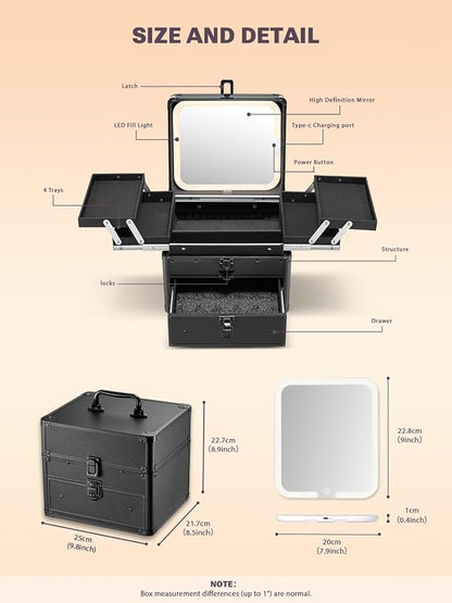 Qislee Makeup Box with Drawer and Four Trays, A Detachable Lighted Mirror - Image 3