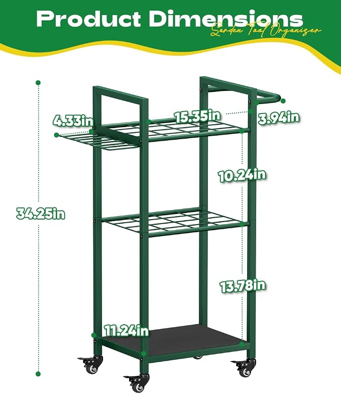 Garden Tool Organizer with Wheels, Heavy Duty 3 Tier Metal Yard Tool Storage - Image 6