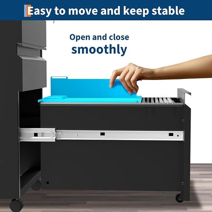 3 Drawer File Cabinet with Lock, Under Desk Metal Mobile Filing Cabinet with - Image 5