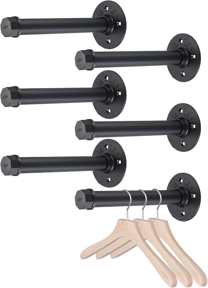 BTSKY 6 Pack Clothes Rack with Screws, 8 Inch Metal Industrial Pipe Clothes Bars by BTSKY