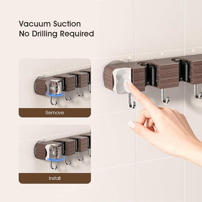 Suction Cup No Drilling Broom Holder Wall Mount, Walnut Color Mop Organizer - Image 2