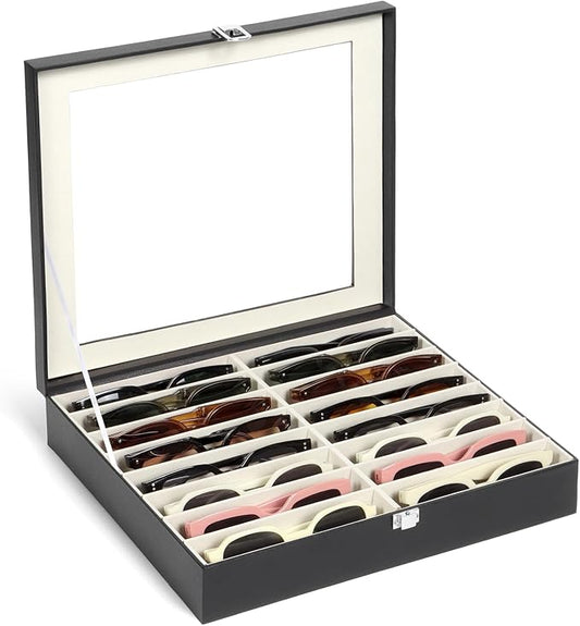 Sunglasses Organizer Case with Adjustable Slots, Eyeglasses Display with Lid by Huvon