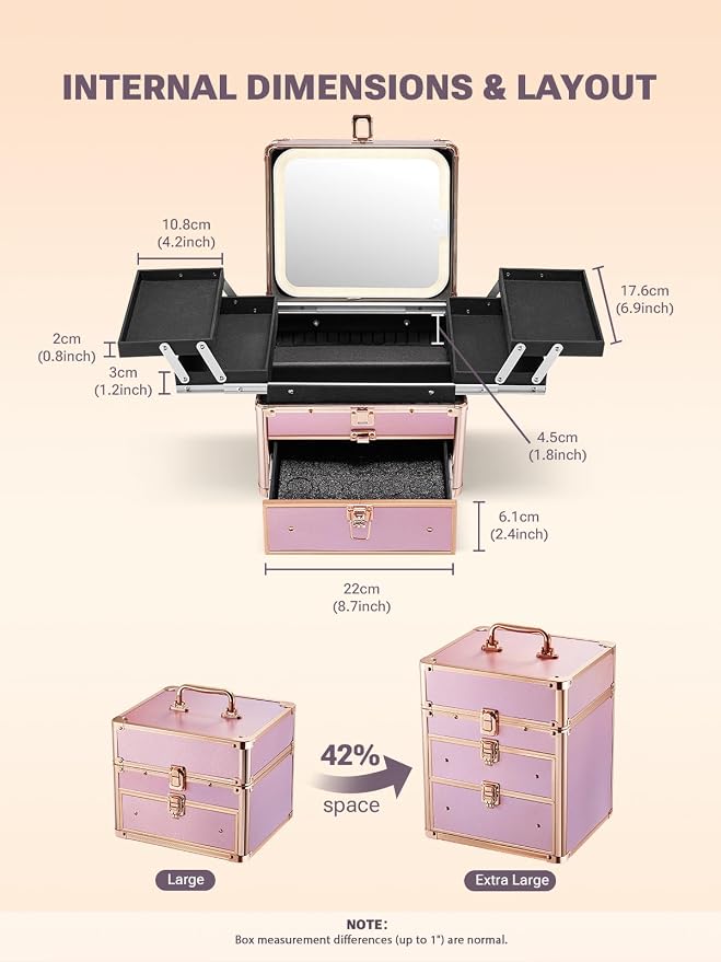 Qislee Makeup Box with Drawer and Four Trays, A Detachable Lighted Mirror - Image 5