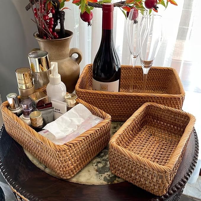 Natural Rattan Storage Baskets, Rectangular Woven Fruit Baskets, Decorative - Image 3