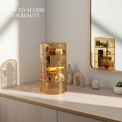 5-Tier Rotating Makeup Organizer, Slim Vanity Storage Tower - Image 3
