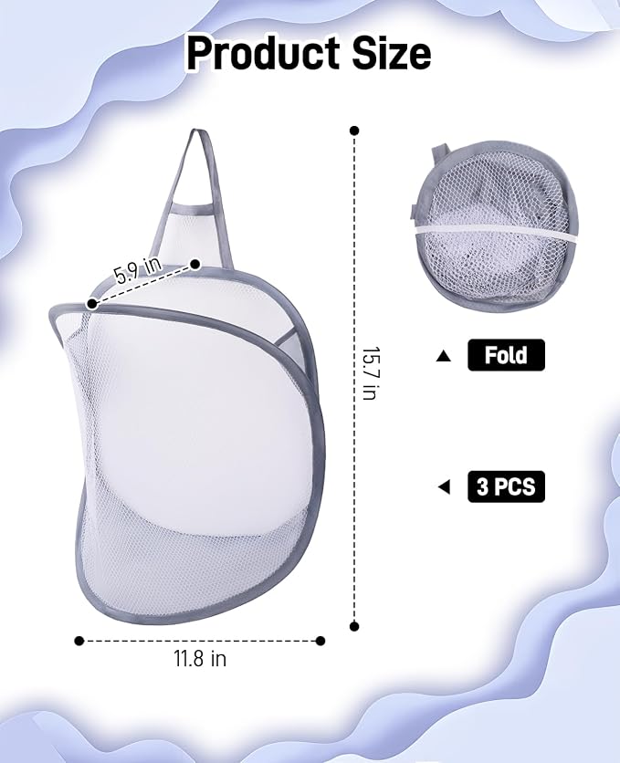 3 Pack Small Hanging Laundry Bag, Foldable Mini Mesh Laundry Hamper Basket - Image 3