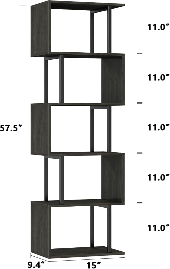 Furologee 6 Tier Bookshelf Tall Geometric Bookcase, S Shaped Industrial Display - Image 3