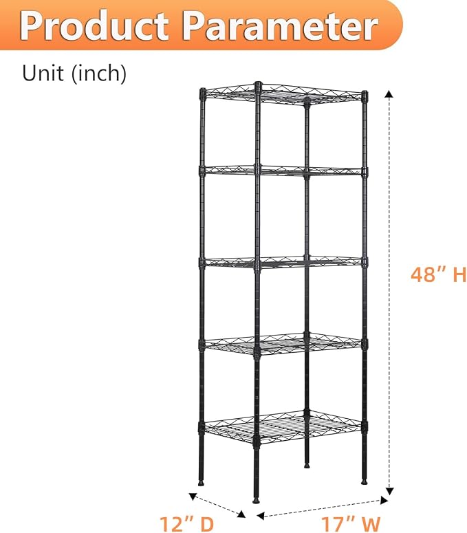 BestOffice | 5-Tier Wire Shelf | 17" x 12" x 48" | Black | Storage Shelves - Image 3