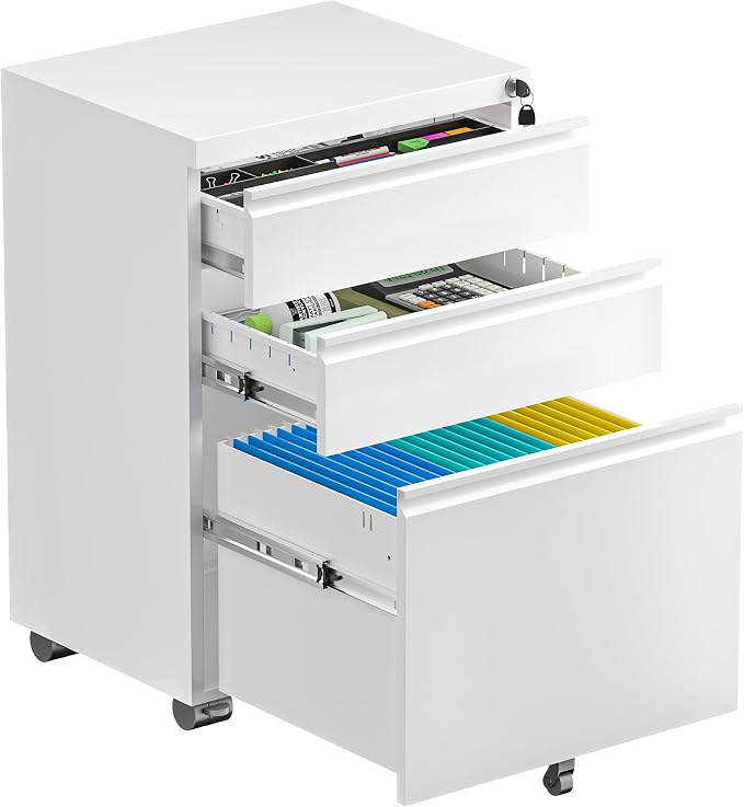 Bonusall 3 Drawer White File Cabinet, Fully Assembled Metal Rolling Filing by BONUSALL