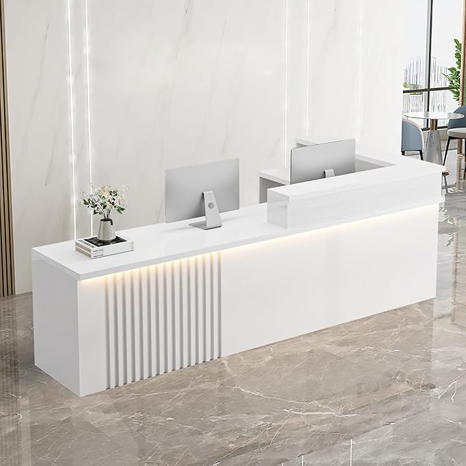 Receptionist Desk with LED Light，Wooden Salon Checkout Counter with Storage by Unknown