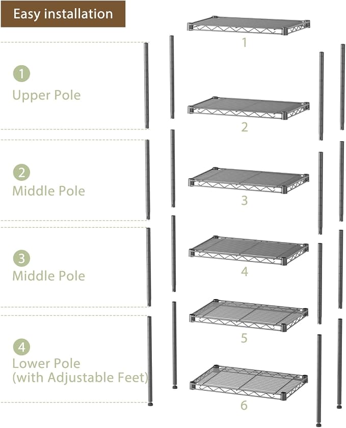 6 Tier Shelf Adjustable Storage Mesh Gaps Metal Utility Shelves Wire Shelving - Image 5