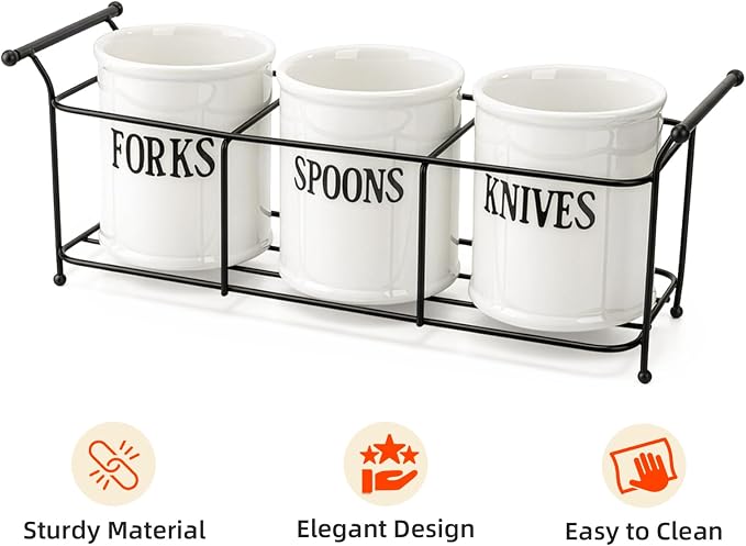 Bekith 3-Piece White Ceramic Silverware Caddy - Image 2