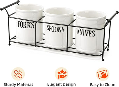 Bekith 3-Piece White Ceramic Silverware Caddy - Image 2