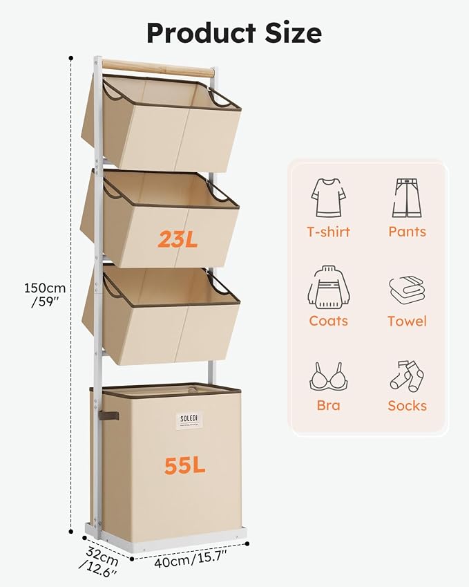 SOLEDI 4 Section Laundry Hamper Sorter, Stackable Laundry Basket Organizer - Image 7