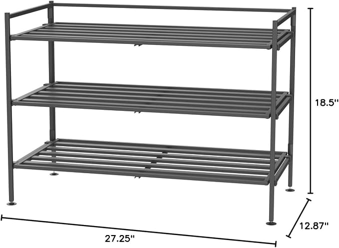 3-Tier Stackable 1" Slat Steel Frame Shoe Rack, 27.25"W x 12.75"D, Ash Gray | - Image 10