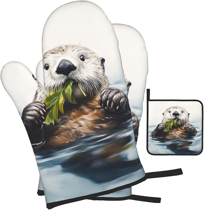 Oven Mitts and Pot Holders Sets of 3 Sea Otter Oven Mitts 3 Pcs Heat Resistant by Unknown