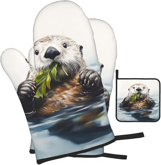 Oven Mitts and Pot Holders Sets of 3 Sea Otter Oven Mitts 3 Pcs Heat Resistant by Unknown