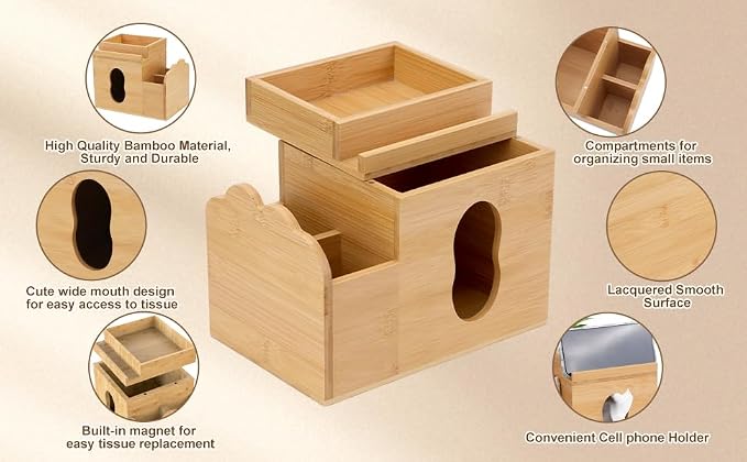 Tissue Box Cover with Storage Tray, Bamboo Multifunctional Square Tissue Holder - Image 4