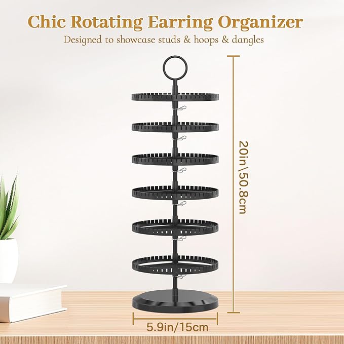 MODOWEY Rotating Earring Holder Organizer Adjustable Display, 6 Tiers Black | - Image 3